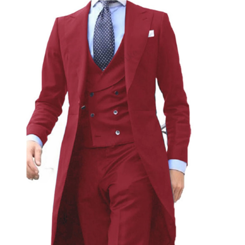 2022 New Arrivel Long Coat Designs Chinese Red Men Suit Gentle  Tuxedo Prom Blazer Custom 3 Pieces (Jacket+Vest+Pants)