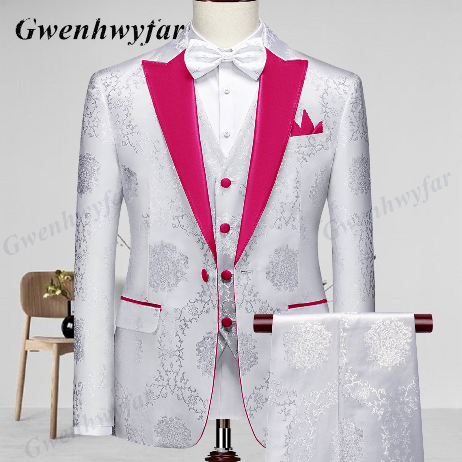 Gwenhwyfar High Quality Men Wedding Tuxedos 2022 Mist Pink Peak Lapel Men Blazer Trousers Waistcoat in White Pattern Material