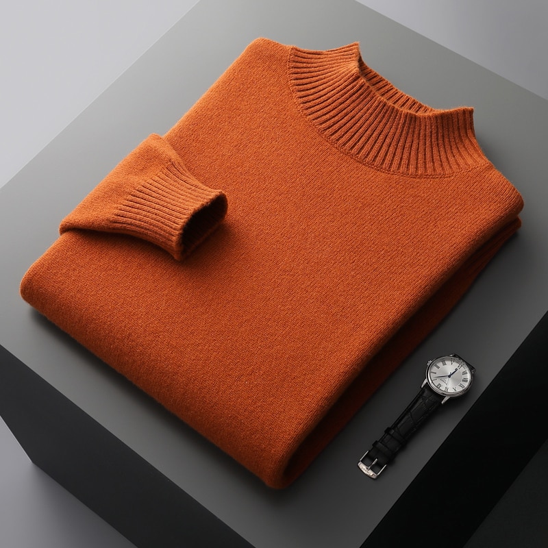 100% Pure Wool Cashmere Sweater Men's Half Turtleneck Pullover Casual Fashion Thickening Tops Knit Loose Patchwork Men's Jacket