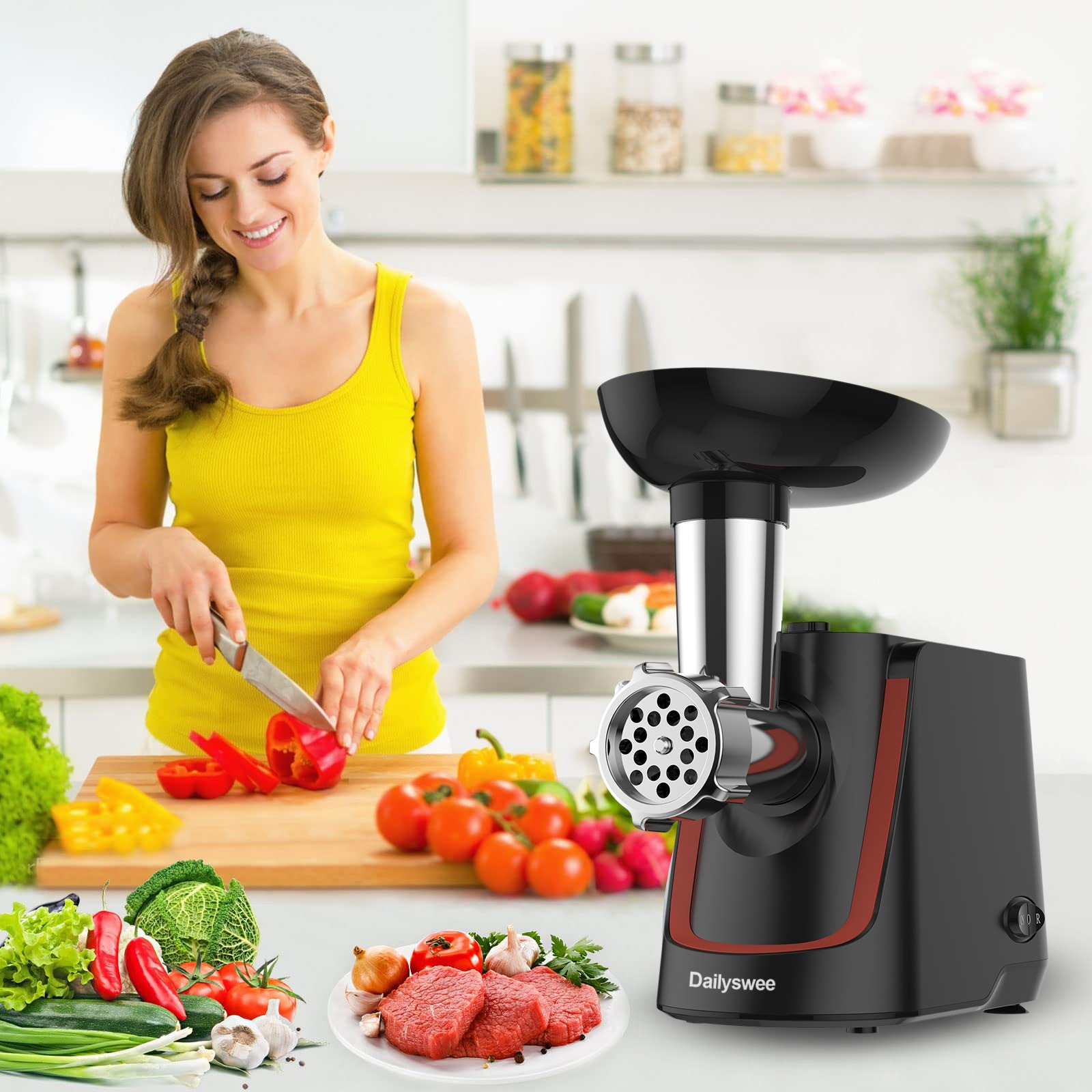 Dailyswee Electric Meat Grinder Home Sausage Stuffer Meat Mincer Overheating Protection Food Processor Multifunction Chopper