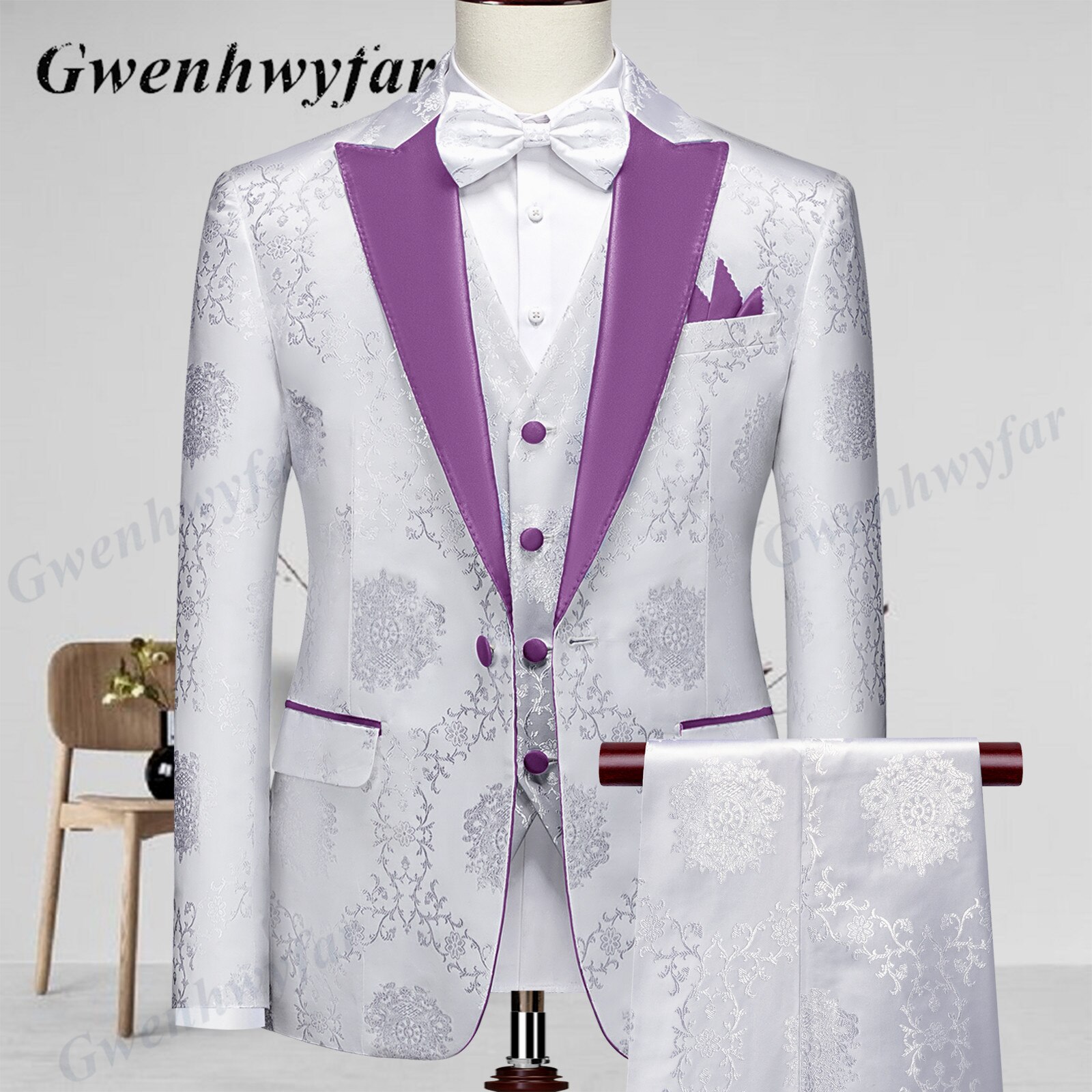 Gwenhwyfar High Quality Men Wedding Tuxedos 2022 Mist Pink Peak Lapel Men Blazer Trousers Waistcoat in White Pattern Material