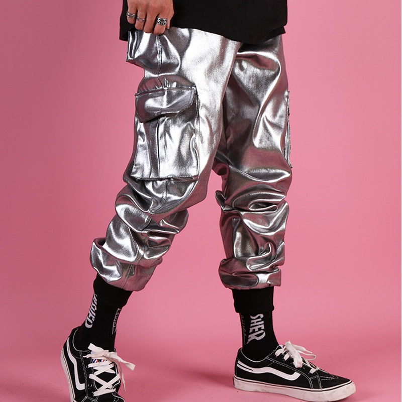 Casual Leather Harem Pant Male Streetwear Hip Hop Punk Silver  Multi Pocket Cargo Trouser Stage Clothes DJ Singer Pant Men