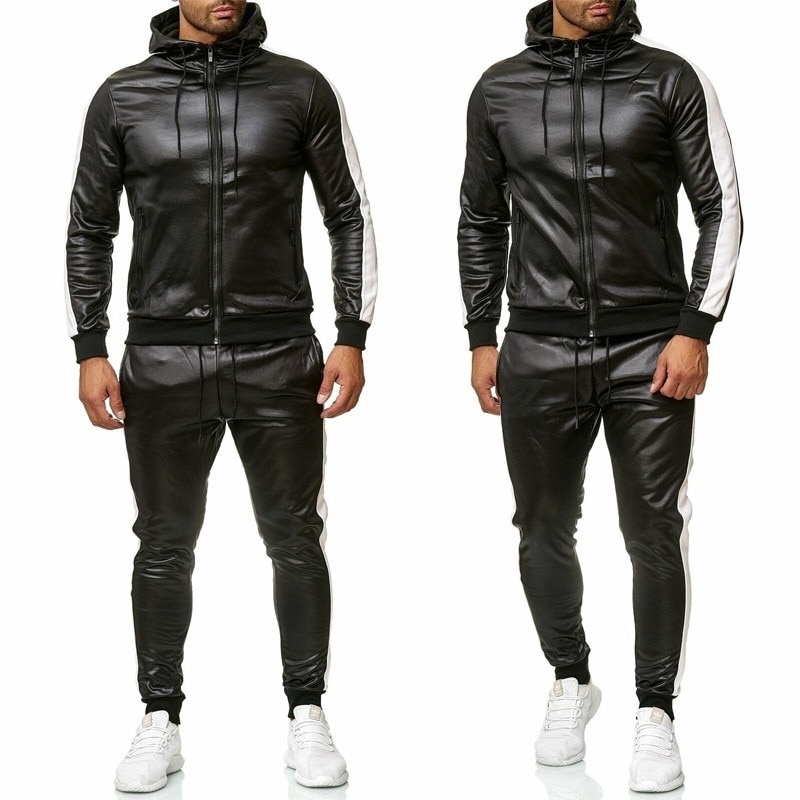 ZOGAA Men's PU Leather Hoodies Set 2 Piece Casual Sweatsuit Hooded Jacket and Pants Jogging Suit Tracksuits
