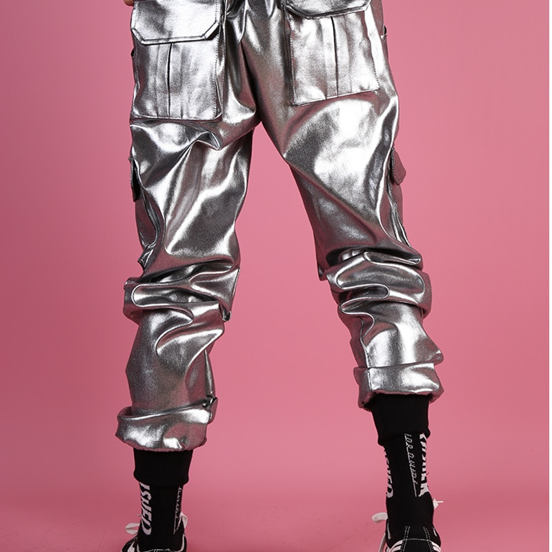 Casual Leather Harem Pant Male Streetwear Hip Hop Punk Silver  Multi Pocket Cargo Trouser Stage Clothes DJ Singer Pant Men