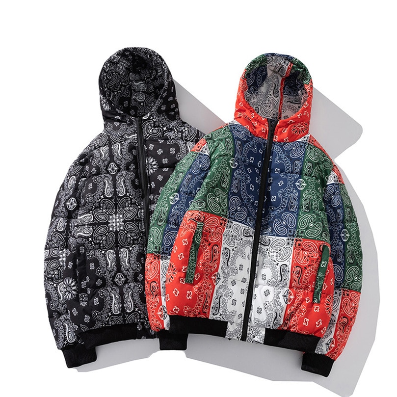 2022 Winter Jacket Men Bandana Print Patchwork Cotton Padded Coat Thick Warm Hooded Varsity College University Outerwear New
