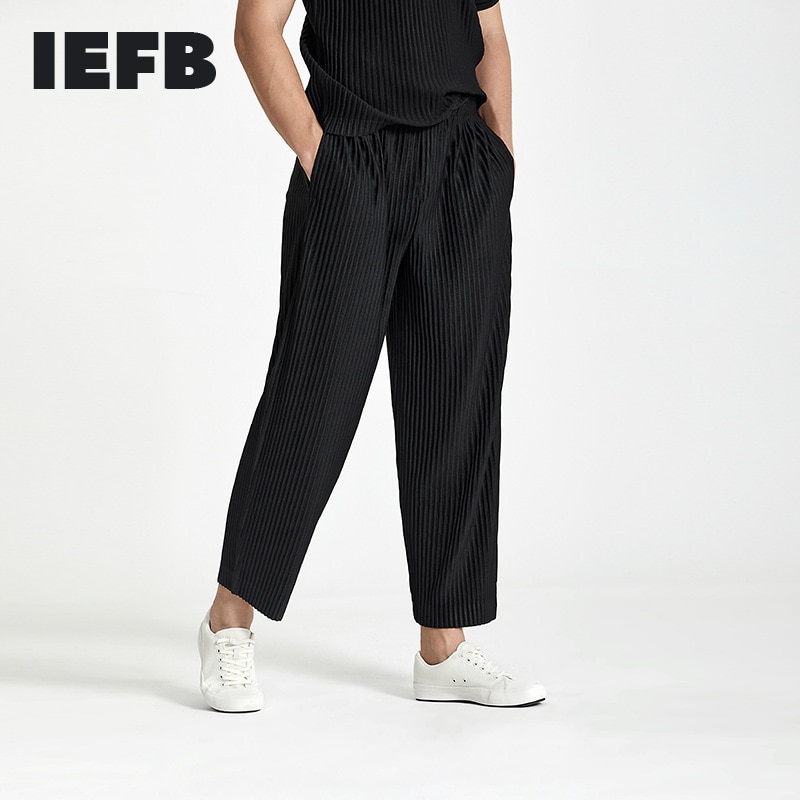 IEFB Japanese Streetwear Fashion Pleated Men's Casual Pants New Loose fitHigh Elastic Straight Pants For Summer 2023