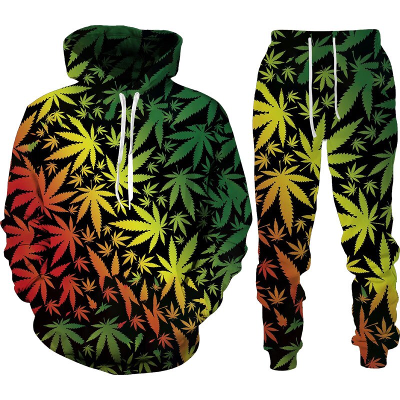 Autumn Winter 3D Plant Poisonous Weed Printed Men's Hooded Sweater Set Male Sportswear Tracksuit Long Sleeve Men Clothing Suit