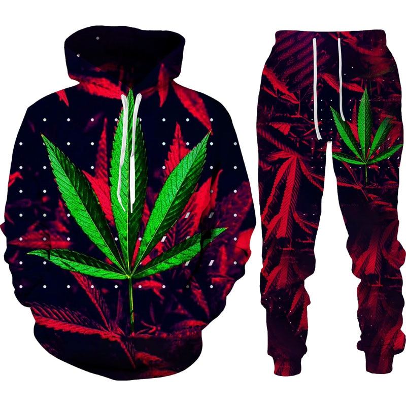 Autumn Winter 3D Plant Poisonous Weed Printed Men's Hooded Sweater Set Male Sportswear Tracksuit Long Sleeve Men Clothing Suit