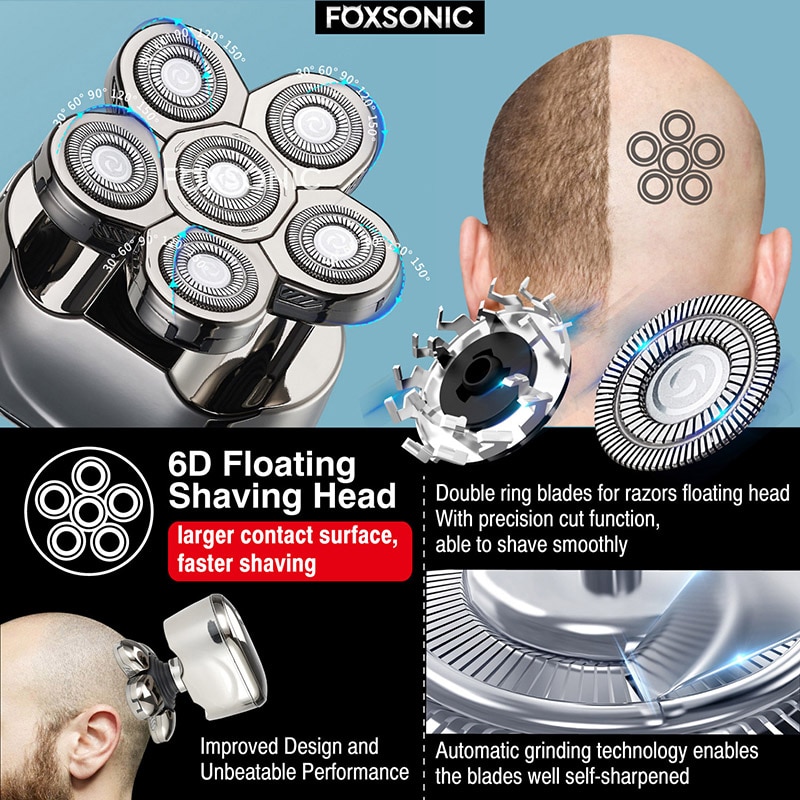 FOXSONIC 2021 New Style 6 in 1 Rechargeable Electric Shaver 6 Floating Heads Bald Electric Shaver Grooming Kit Shaver For Men