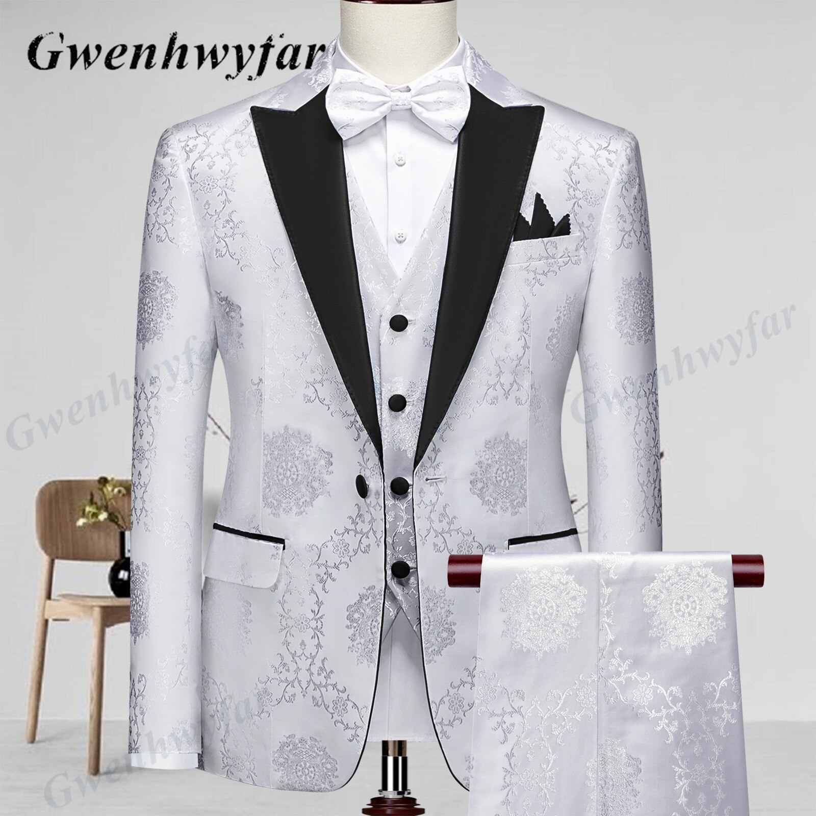 Gwenhwyfar High Quality Men Wedding Tuxedos 2022 Mist Pink Peak Lapel Men Blazer Trousers Waistcoat in White Pattern Material