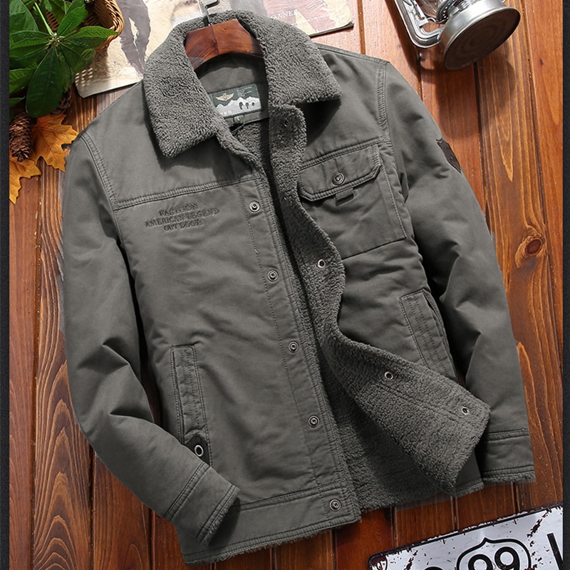 100%cotton Denim Winter Jacket Men New Fleece-lined Thickened Warm Men's Coat Casual Khaki Green Lamb Parka Men Trendy Jacket