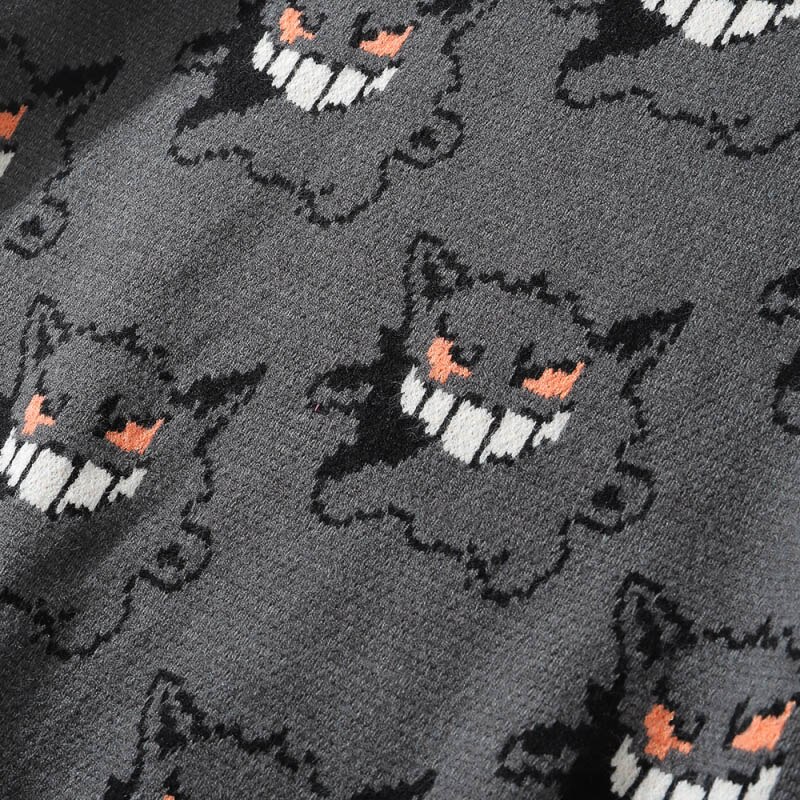 2023 Men Knitted Sweater Hip Hop Streetwear Dark Style Devil Print Pullover Harajuku Cotton Loose Sweater Autumn Pullover Gray
