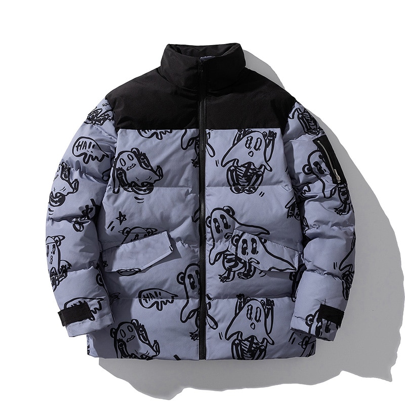 Cotton Padded Thick Parkas Jackets Streetwear Hip Hop Print Windproof Warm Zip Coats Fashion Harajuku Outwear Mens Clothing