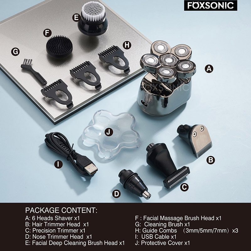 FOXSONIC 2021 New Style 6 in 1 Rechargeable Electric Shaver 6 Floating Heads Bald Electric Shaver Grooming Kit Shaver For Men