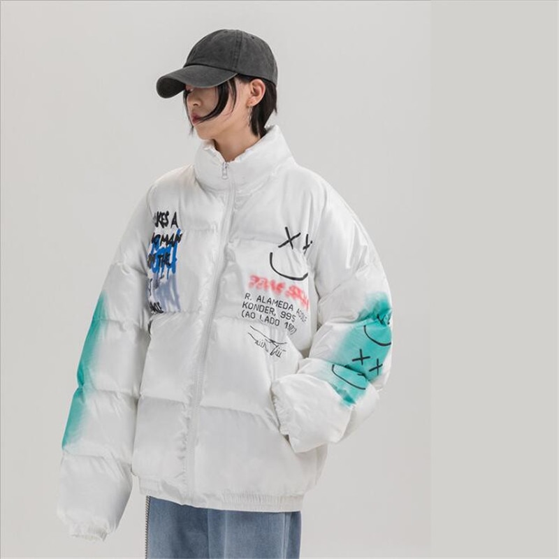 2021 Hip Hop Thick Jacket Parka Happy Graffiti Print Men Windbreaker Streetwear Harajuku Winter Padded Jacket Coat Warm Outwear
