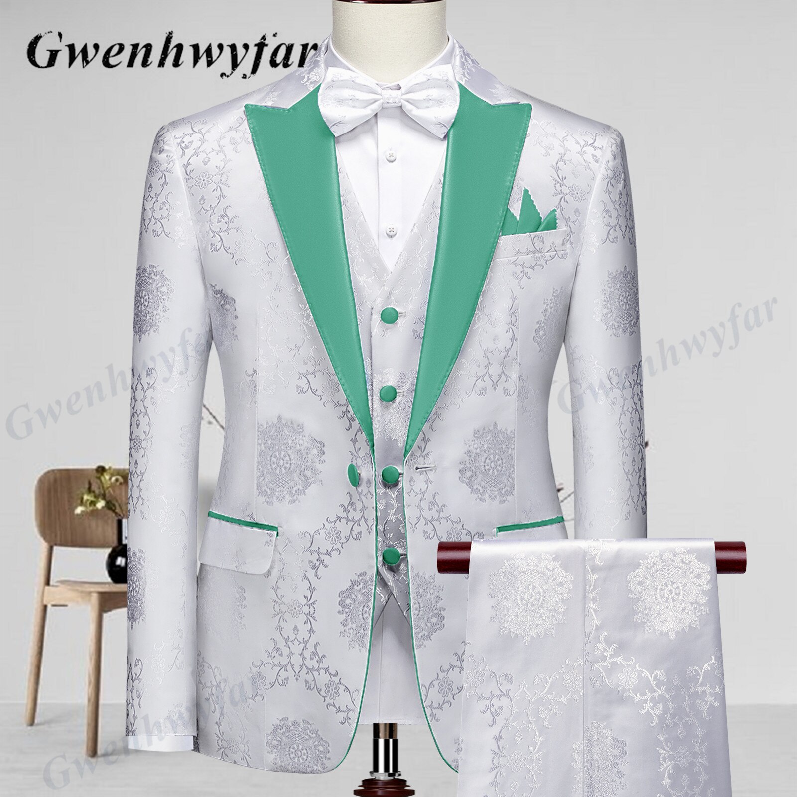 Gwenhwyfar High Quality Men Wedding Tuxedos 2022 Mist Pink Peak Lapel Men Blazer Trousers Waistcoat in White Pattern Material
