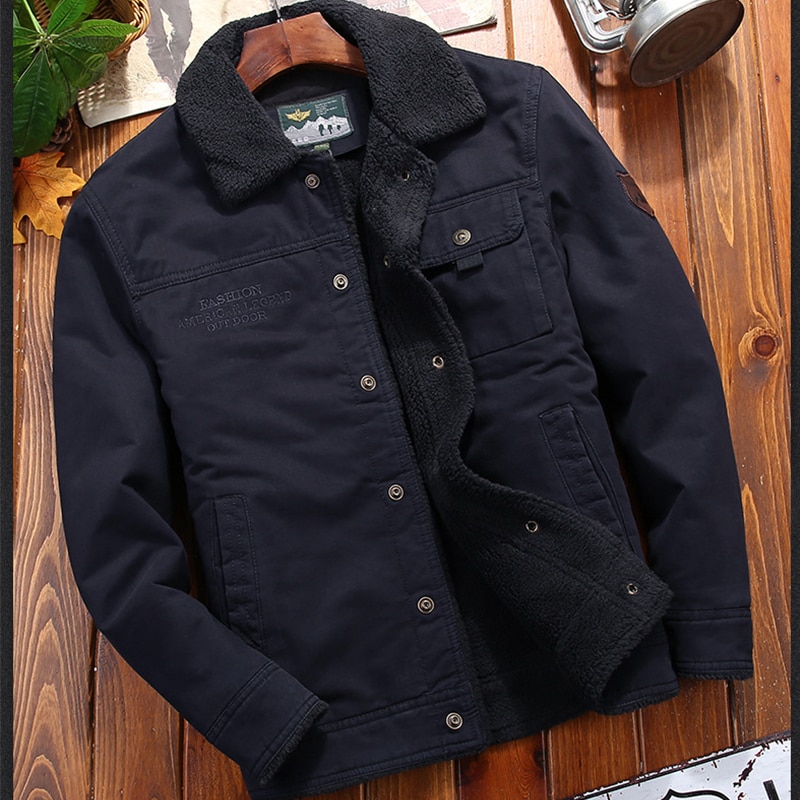 100%cotton Denim Winter Jacket Men New Fleece-lined Thickened Warm Men's Coat Casual Khaki Green Lamb Parka Men Trendy Jacket