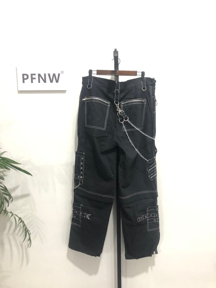 PFNW Punk Rock And Roll Show Pants Men's Gothic Dark Style Slim Metal Splic Pencil Trousers Autumn New Skinny Clothing