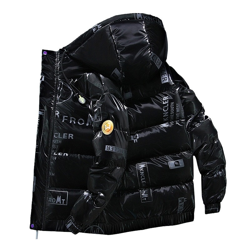 Men's Winter 90% White Duck Down Down Jacket Men's Casual Loose Bright Printed Down Jacket Outdoor Waterproof Hooded Jacket