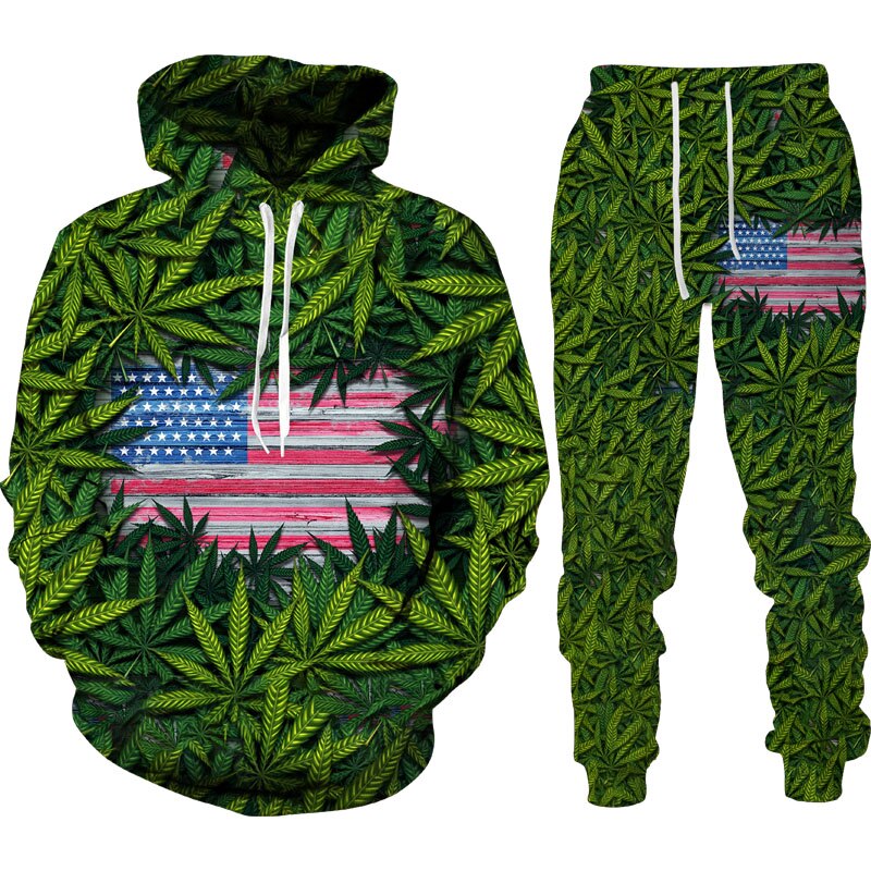 Autumn Winter 3D Plant Poisonous Weed Printed Men's Hooded Sweater Set Male Sportswear Tracksuit Long Sleeve Men Clothing Suit