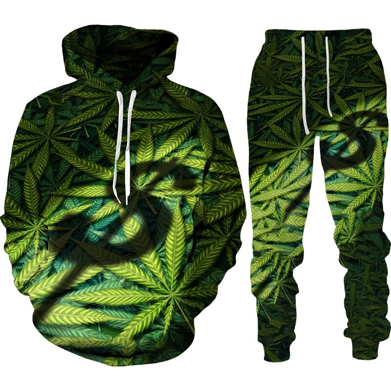 Autumn Winter 3D Plant Poisonous Weed Printed Men's Hooded Sweater Set Male Sportswear Tracksuit Long Sleeve Men Clothing Suit