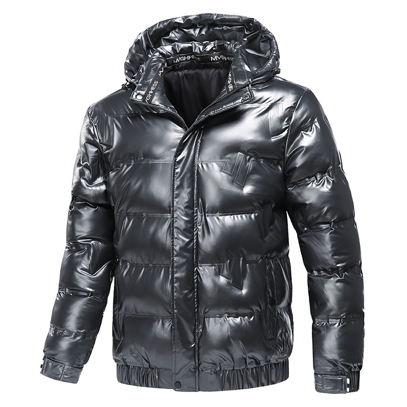 New Bright Leather Winter Men's Jacket Casual Parka Outwear Waterproof Puffer Padding Warm Stand With Hood Outwearing Coat