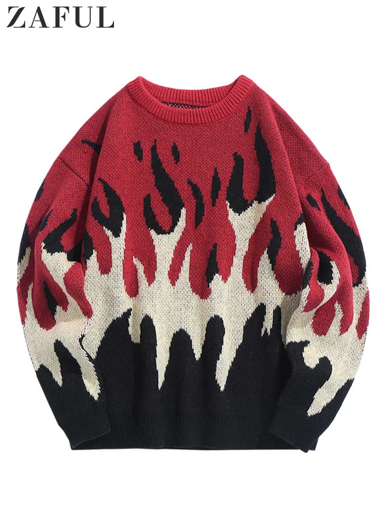 ZAFUL Sweater for Men Fire Flame Graphic Sweaters Y2K Streetwear Knit Pullover Long Sleeves Fall Winter Warm Jumper masculino