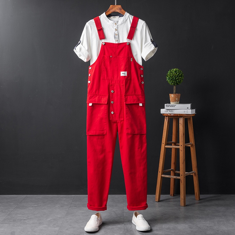 2021 Summer Men Bib Pants Solid Color Casual Jumpsuits Women Streetwear Joggers Multi Pockets Fashion Suspenders Cargo Overalls