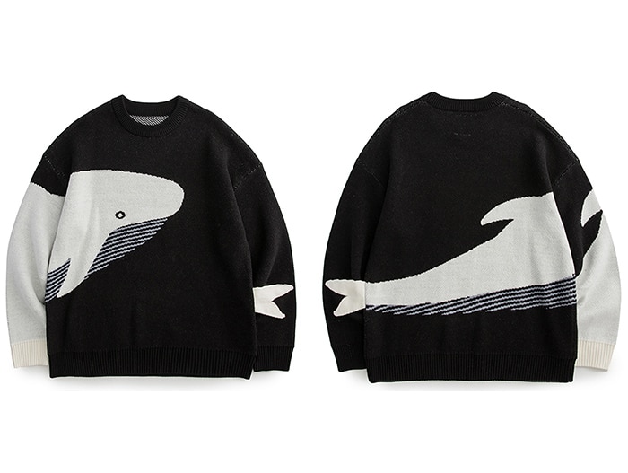 LACIBLE Lonely Whale Knitted Sweaters Spring Autumn Sweater Pullover Men Women Jumpers Harajuku Knitwear Outwear Streetwear Tops