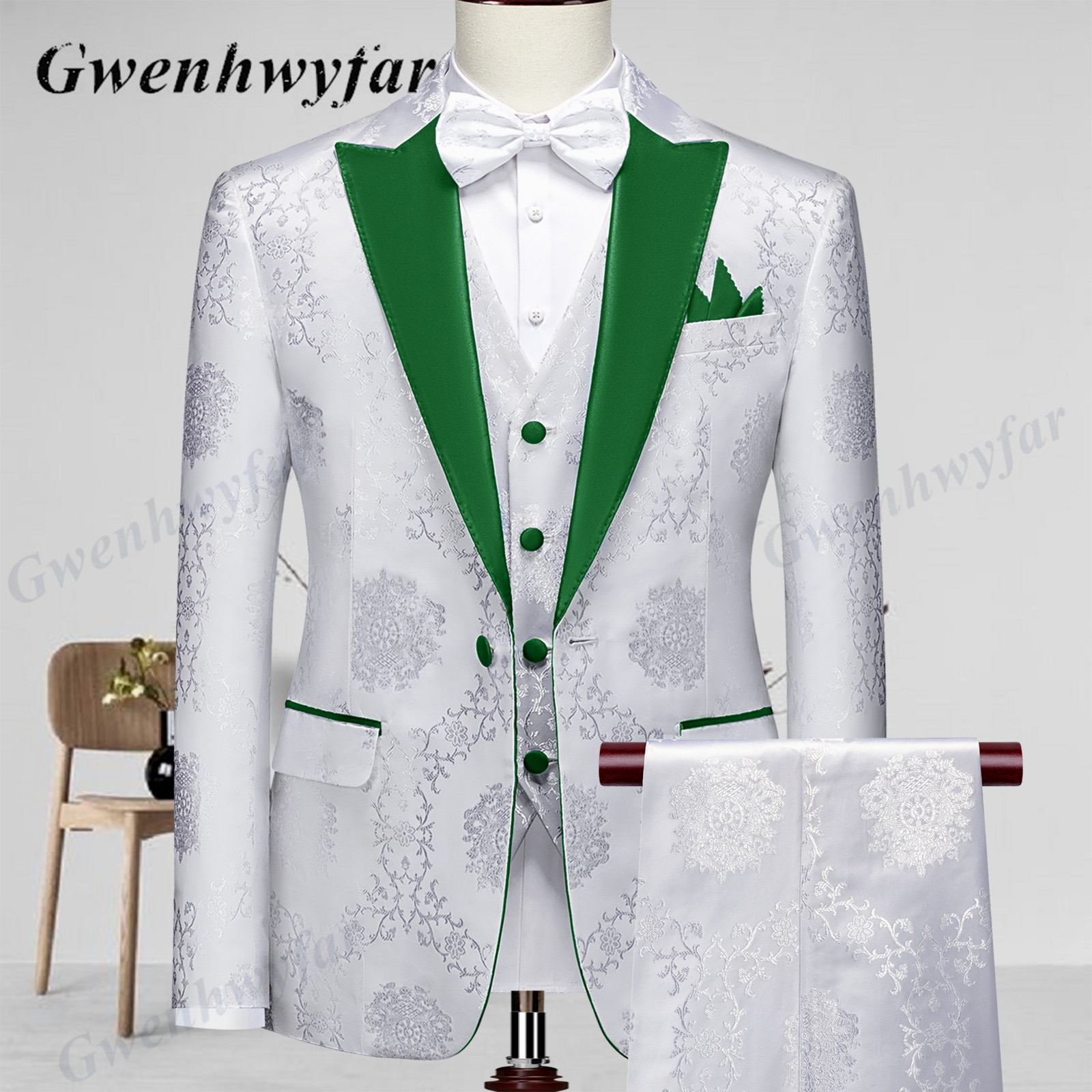 Gwenhwyfar High Quality Men Wedding Tuxedos 2022 Mist Pink Peak Lapel Men Blazer Trousers Waistcoat in White Pattern Material