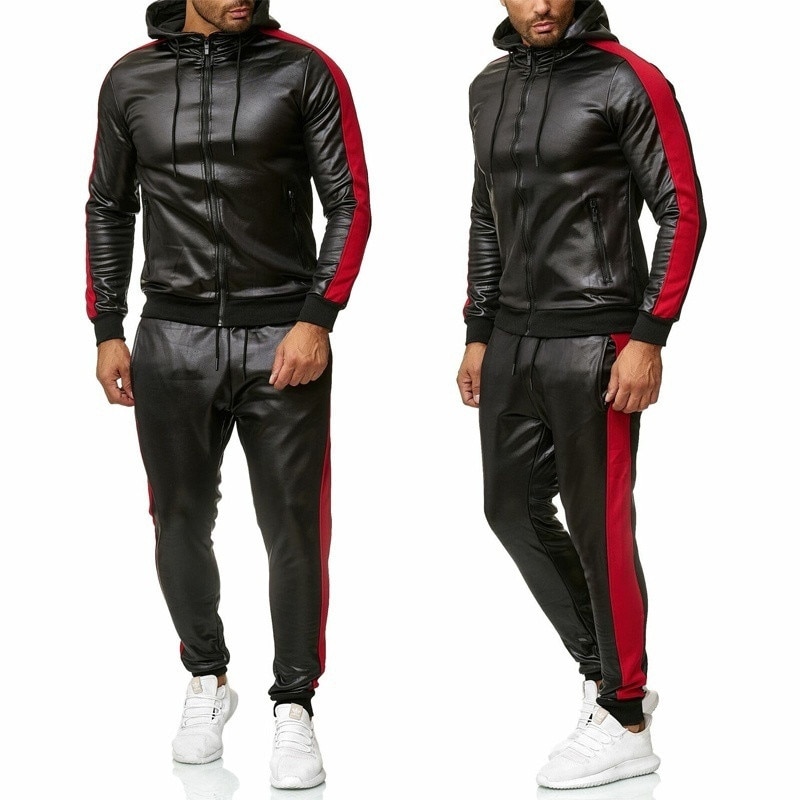 ZOGAA Men's PU Leather Hoodies Set 2 Piece Casual Sweatsuit Hooded Jacket and Pants Jogging Suit Tracksuits