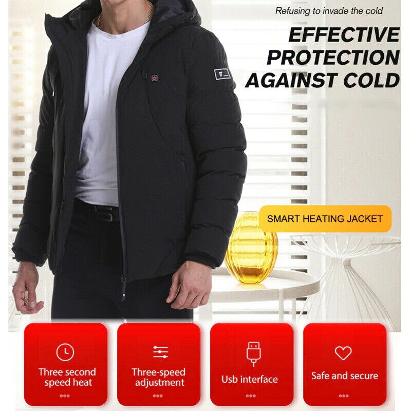 USB Electric Heated Hooded Mens Warm Jacket Winter Parka Rechargeable Heating Coat Thermal Jacket Skiing Outwear Oversized 6XL