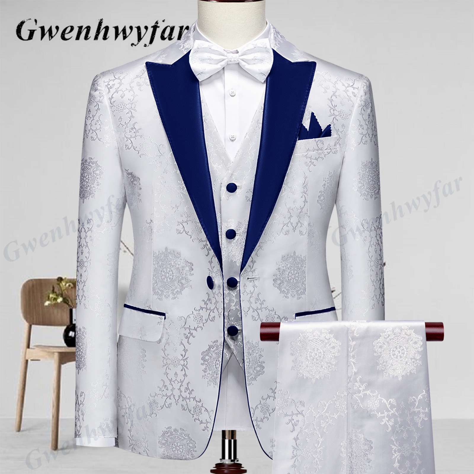 Gwenhwyfar High Quality Men Wedding Tuxedos 2022 Mist Pink Peak Lapel Men Blazer Trousers Waistcoat in White Pattern Material
