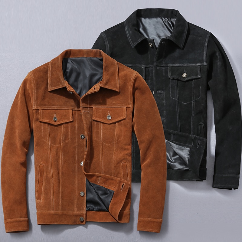 Free shipping.Super Sales.Cheap Suede leather jacket.Classic casual style men cowhide coat.slim genuine leather cloth