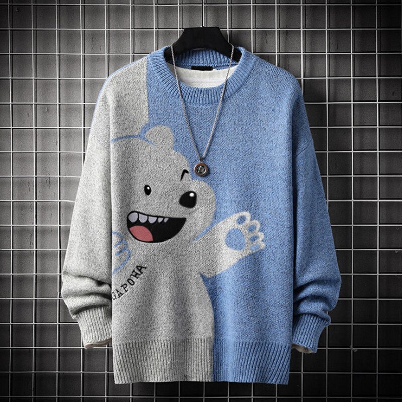 2021 Sweater Men Harajuku Knitted  Pullover Hip Hop Streetwear Cartoon Bear Sweater O-neck Oversize Casual Couple Male Sweaters