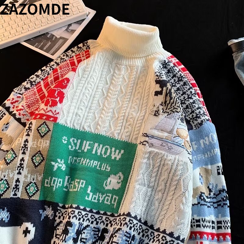 ZAZOMDE Bear Knitted Turtleneck Sweater Men 2022 Winter Jumper Harajuku Cartoon Fashion Vintage Oversize Pullover Streetwear Men