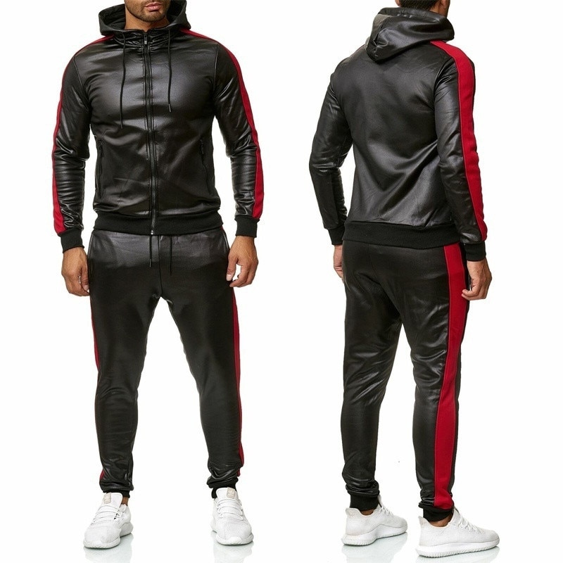 ZOGAA Men's PU Leather Hoodies Set 2 Piece Casual Sweatsuit Hooded Jacket and Pants Jogging Suit Tracksuits