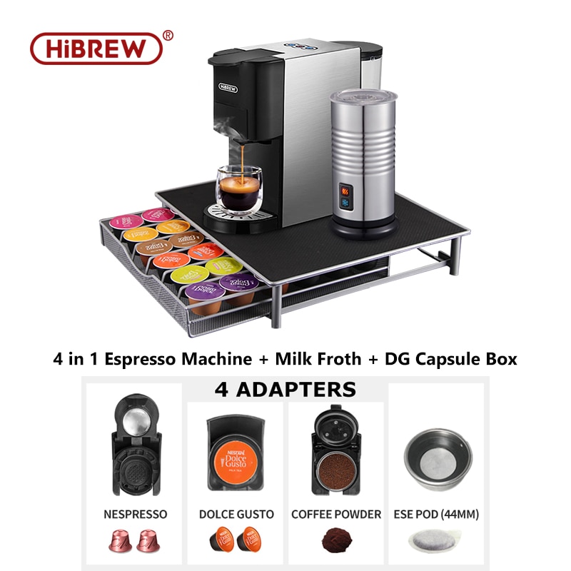 HiBREW Coffee Machine 4in1 Multiple Capsule Espresso  Dolce Milk&Nespresso&ESE Pod&Powder Coffee Maker Stainless Metal Outook H3