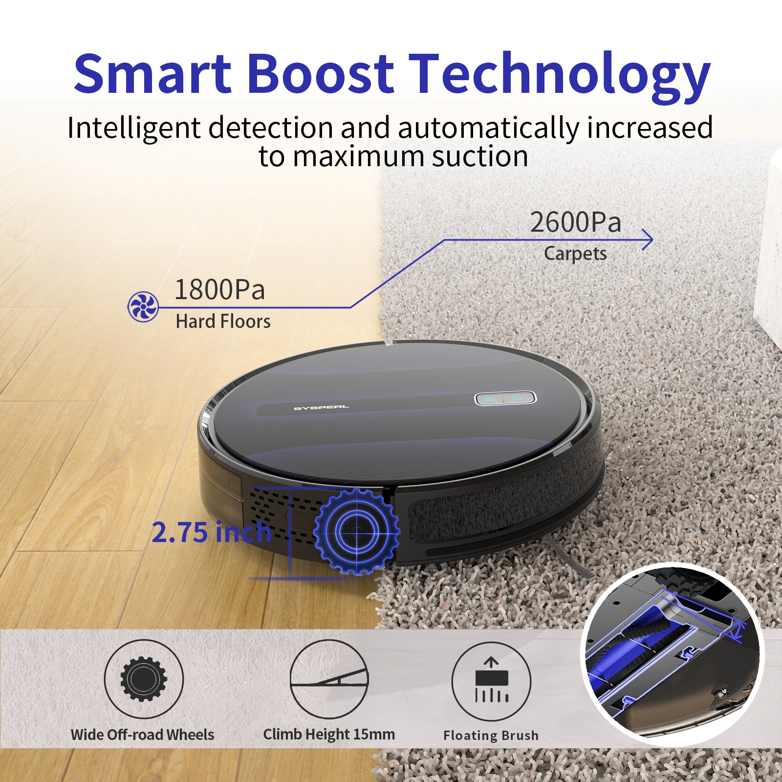 SYSPERL V40P Robotic Vacuum Cleaner Navigation for Home Robot Mopping 2600PA Carpet WIFI APP Virtual Wall 5 Modes Reservation