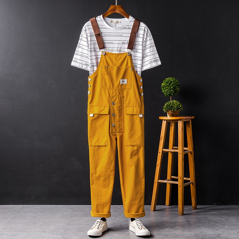 2021 Summer Men Bib Pants Solid Color Casual Jumpsuits Women Streetwear Joggers Multi Pockets Fashion Suspenders Cargo Overalls