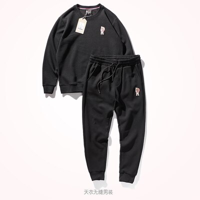 Autumn and Winter Heavyweight Casual Hoodies + Sweaterpants Two-piece Suit Men's Retro Waffle Long Sleeve Round Neck Sportwear