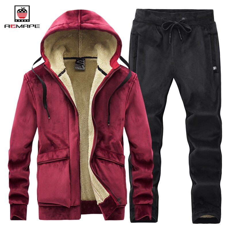 Brand Mens Fleece Men Set Winter Thick Tracksuit Male Winter Warm Hooded Outerwear Suit Mens Hoodies + Pants Sportswear Sets
