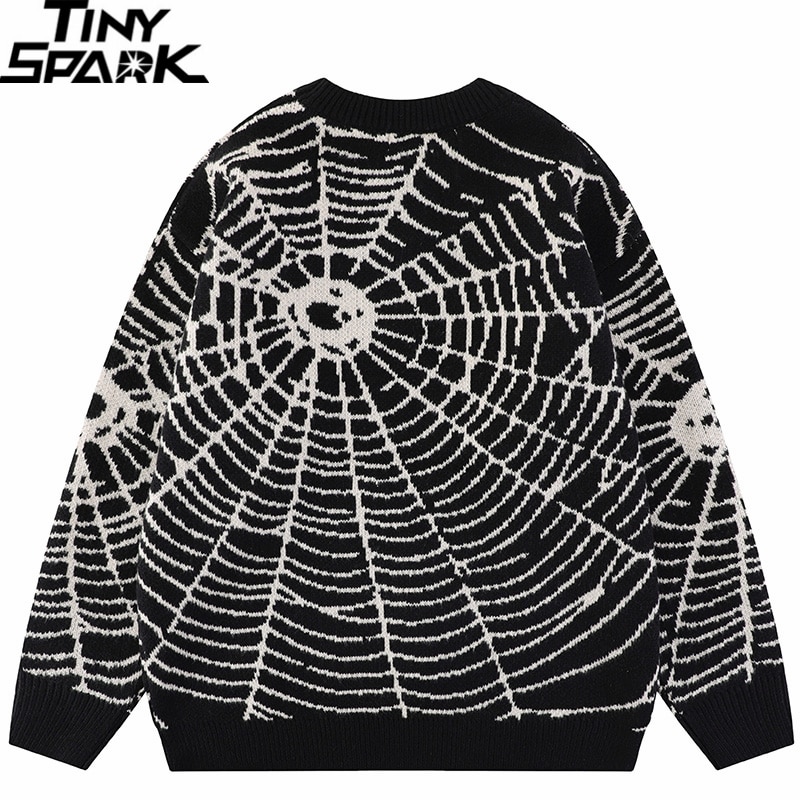 2023 Men Streetwear Sweater Hipster Spider Web Graphic Hip Hop Knitted Sweater Casual Loose Pullover Sweater Black Purple