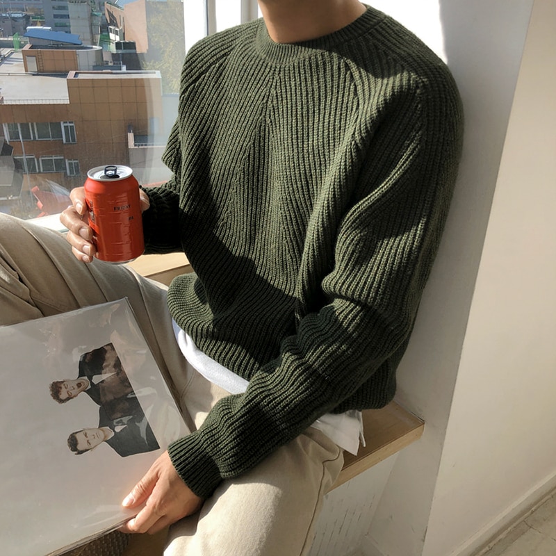 IEFB / men's wear classic round collar Sweater Korean fashion loose kintted tops for male autumn winter new warm clothes 9Y4243