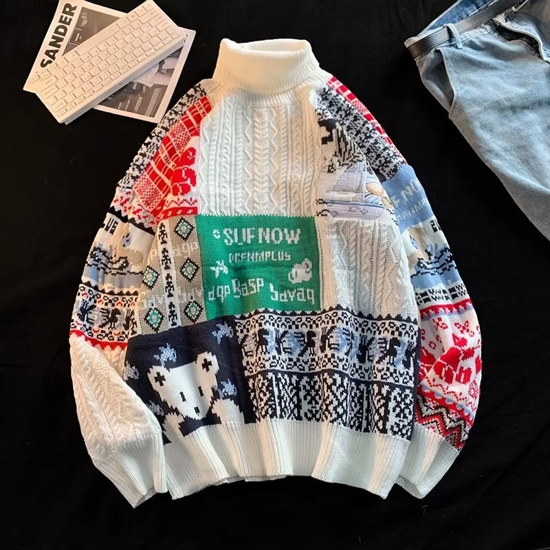 ZAZOMDE Bear Knitted Turtleneck Sweater Men 2022 Winter Jumper Harajuku Cartoon Fashion Vintage Oversize Pullover Streetwear Men