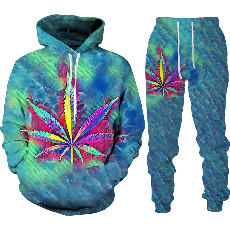 Autumn Winter 3D Plant Poisonous Weed Printed Men's Hooded Sweater Set Male Sportswear Tracksuit Long Sleeve Men Clothing Suit