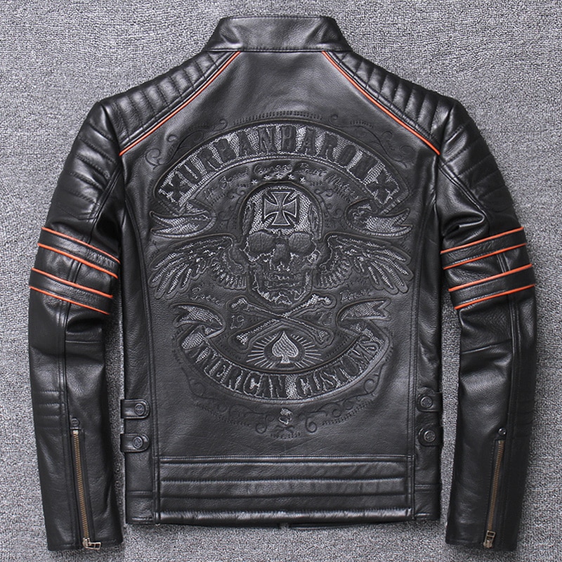 Free shipping.Brand skull cowhide coat.Cool black slim genuine leather jacket,Rider leather cloth.Chaqueta de cuero esqueleto