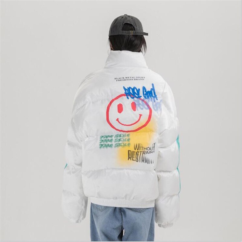 2021 Hip Hop Thick Jacket Parka Happy Graffiti Print Men Windbreaker Streetwear Harajuku Winter Padded Jacket Coat Warm Outwear