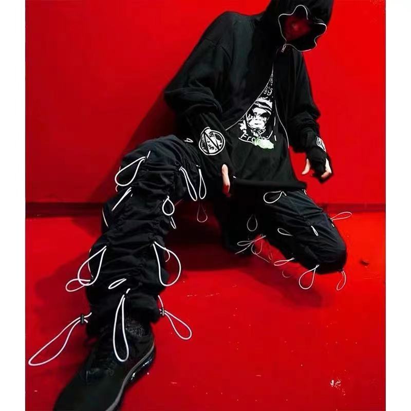 Men's Drawstring Pants Sweatpants Heavy Industry Function Cargo Long Trousers Hip Hop Streetwear Quick Dry Male Wide Leg Pants