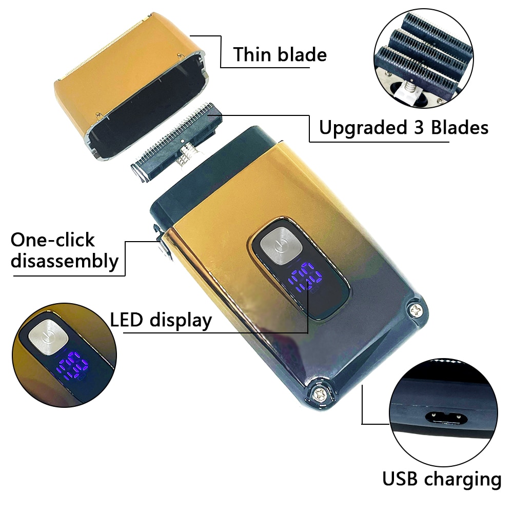 Professional Metal 3 Knife Net Electric Shaver Hair Beard Rechargeable Bald Head Shaving Machine for Men Fade Finishing Tool